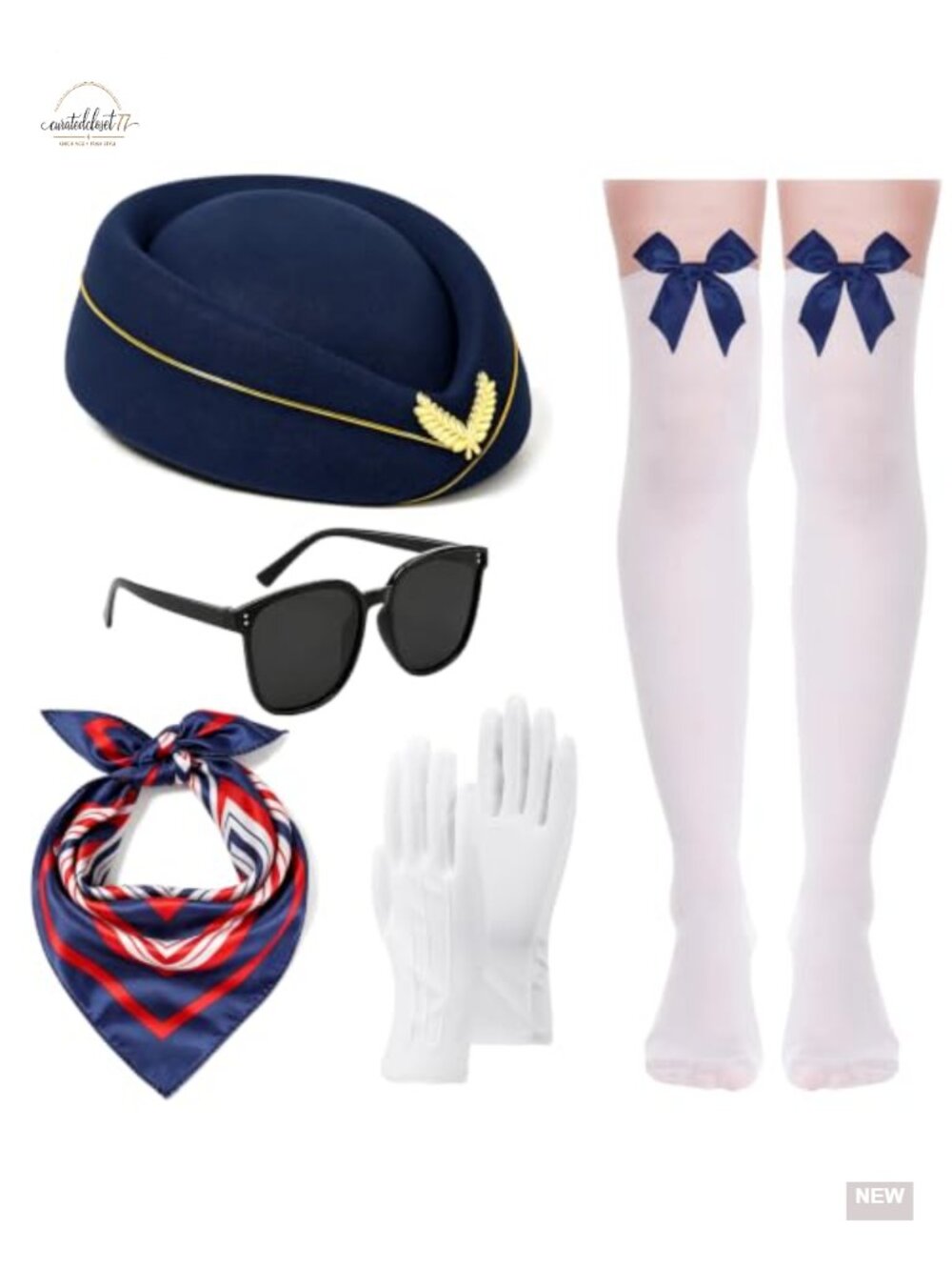 Flight Attendant Costume Accessory Set 5-Piece Thigh-High Stockings Cosplay